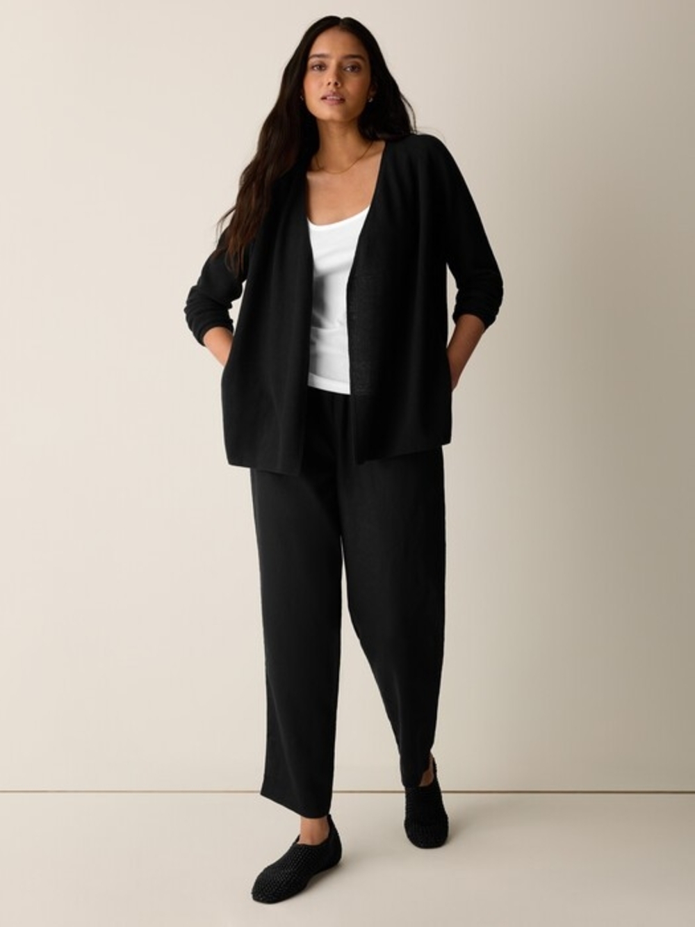 Eileen Fisher Black Crinkled Hemp Open-Front Cardigan